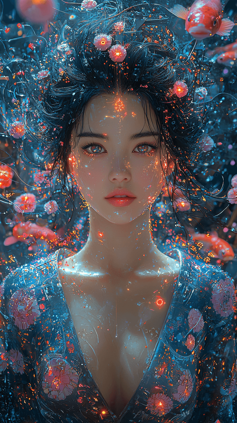AI generated: A mesmerizing portrait of a woman in a deep V-neck top, combining elements of Japanese ukiyo-e art a...