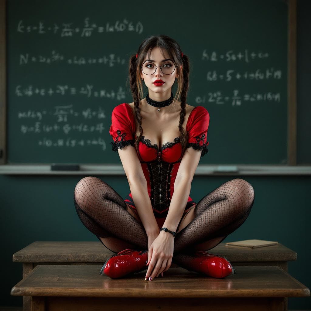 AI generated: photo of a 24-year-old woman with twintails and big round glasses wearing tiny red outfit with black...