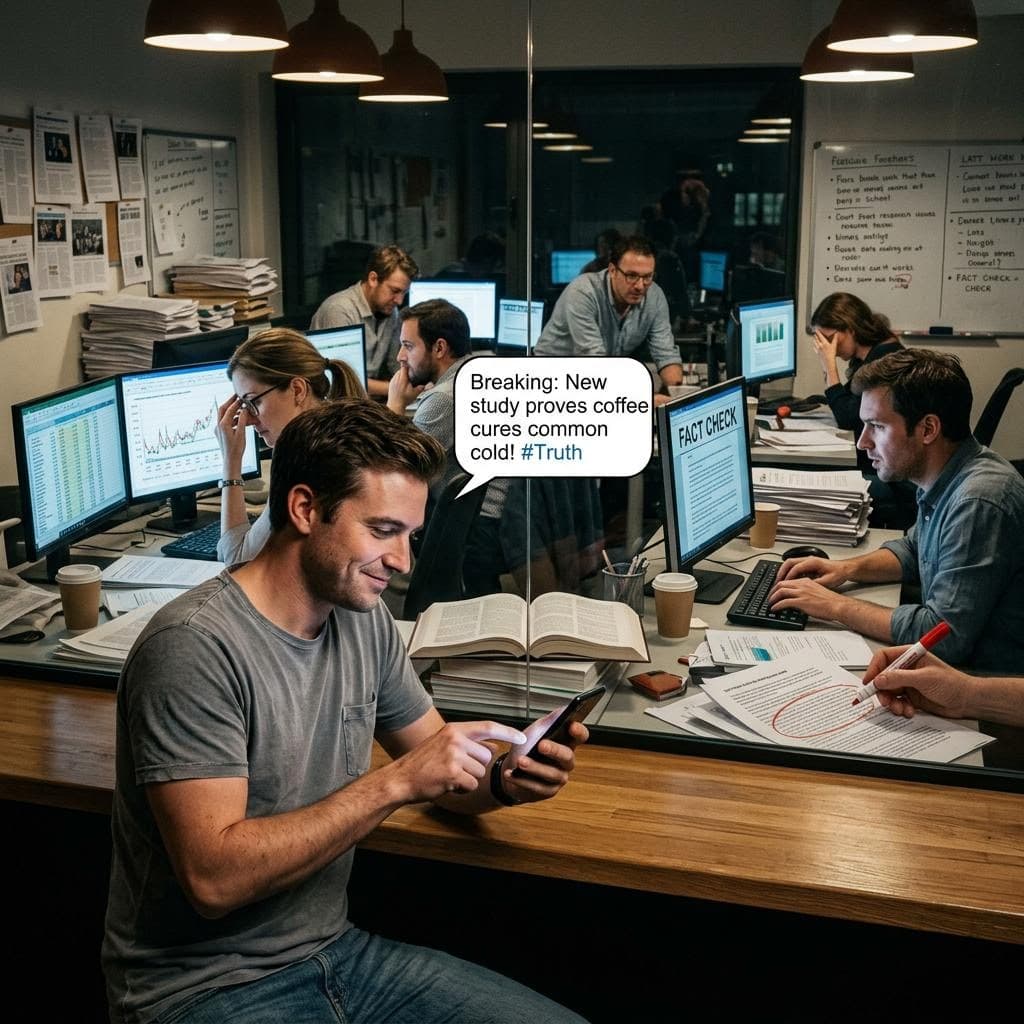 AI generated: Photorealistic scene illustrating Brandolini’s Law, a casually dressed man spreading simple misinfor...