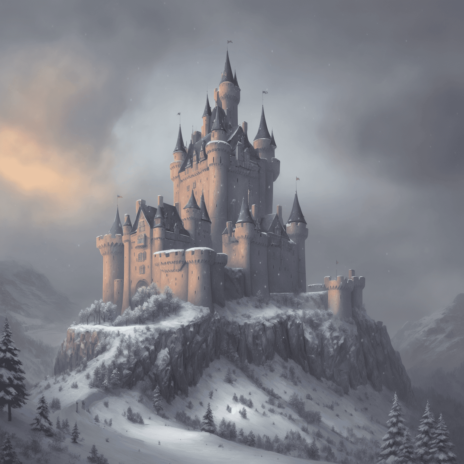 AI generated: a detailed digital painting of a castle in a snowy landscape