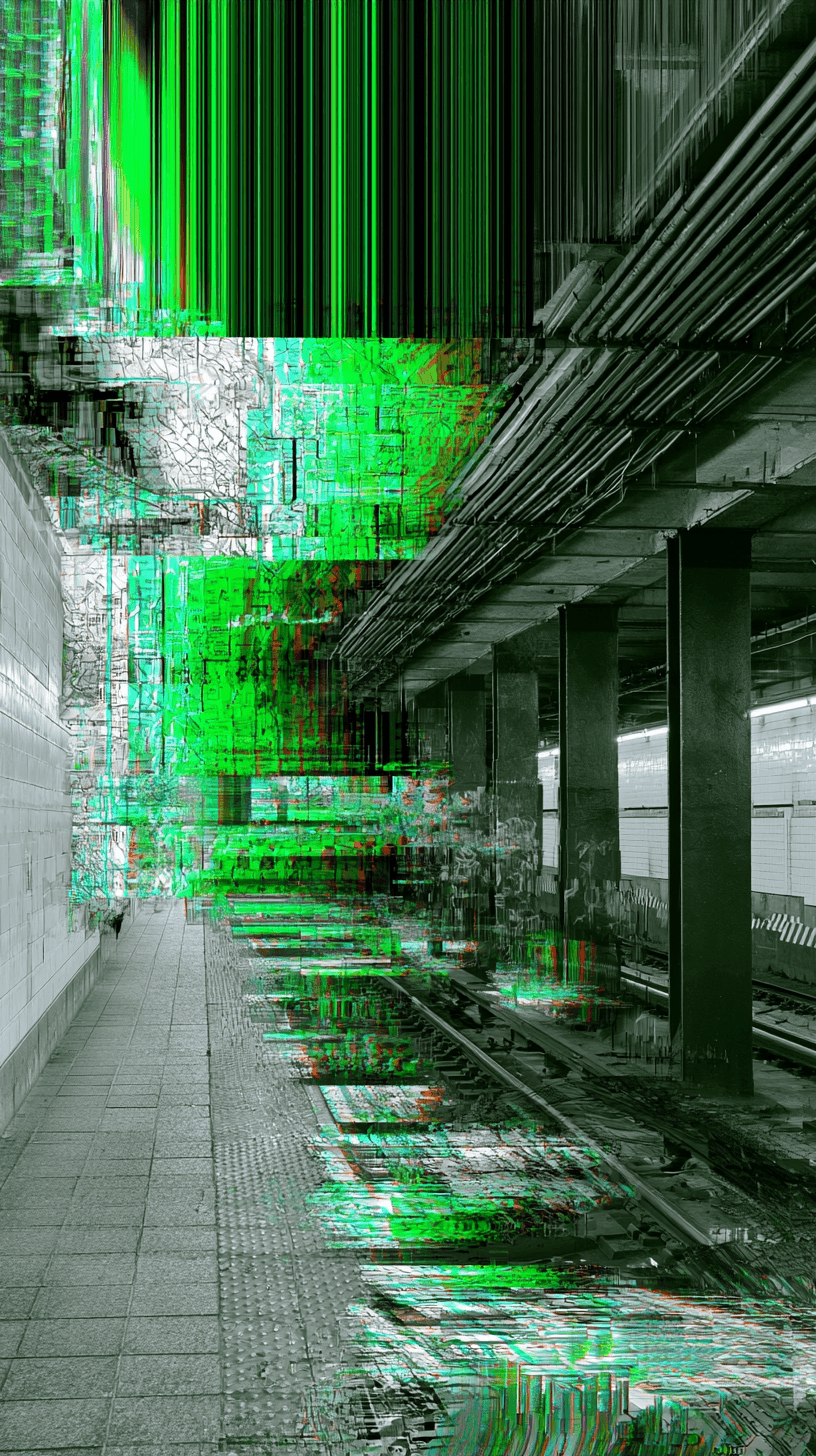 AI generated: glitch art, subway station, data mosh distortion, chromatic aberration, vibrant radioactive green an...