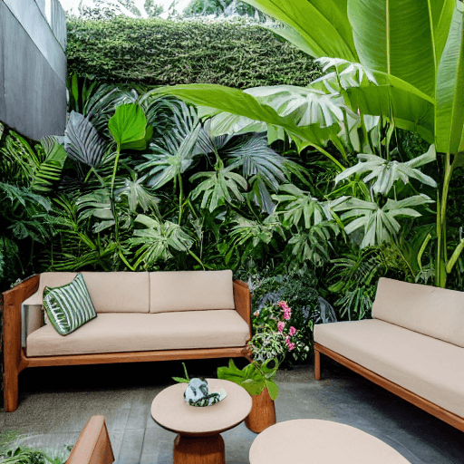 AI generated: high resolution photography landscape design, without wall, absolutely open and blended with the gar...