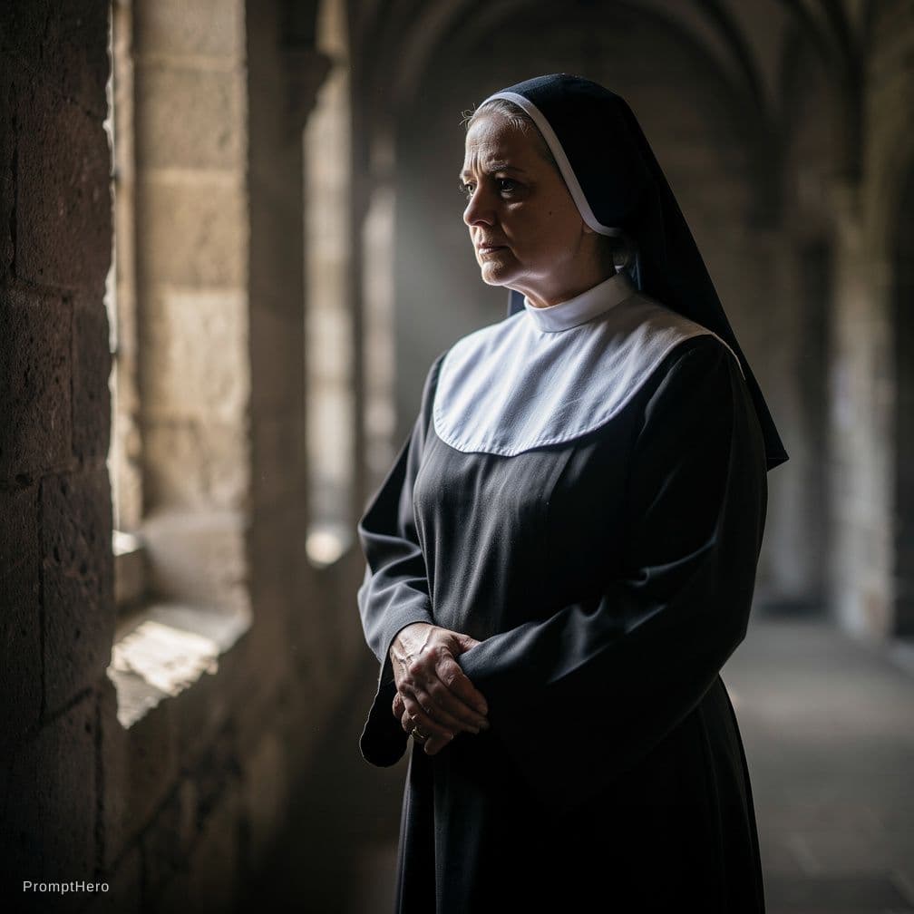 AI generated: This nun is standing naked. She keeps her veil on.