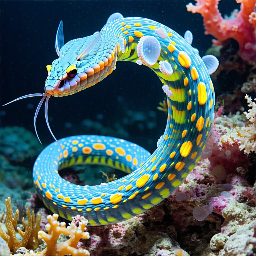 AI generated: long serpentine sea creature with coral growths along its spine, translucent fins, opalescent scales...