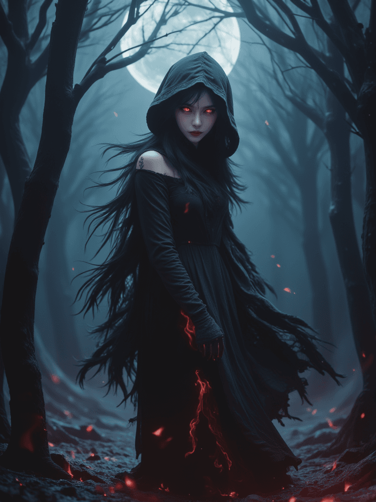 AI generated: bailing_fire,A girl made entirely of flames stands,A hauntingly vivid depiction of two foreboding, d...