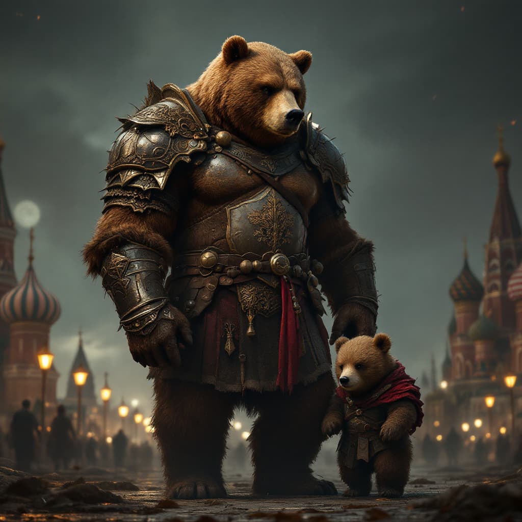 AI generated: brown bear (giant:1.4) with a muscular warrior body stands next to a baby, bear warrior: 1. 3, bear ...