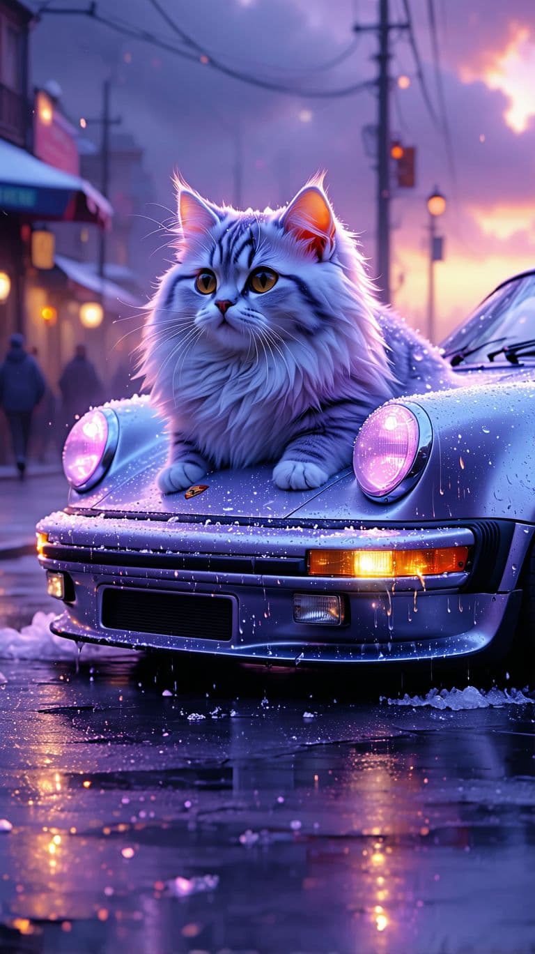 AI generated: A unique hybrid creature merging the elegance of an Angora cat with the sleek design of a Porsche 91...