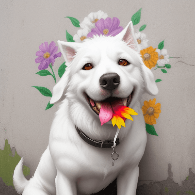 AI generated: White dog with a colorful flower in its mouth painted on a Bansky style wall