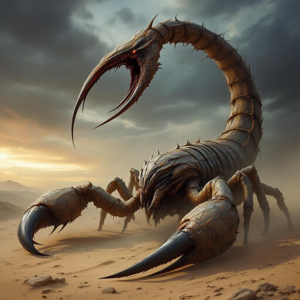 AI generated: A monstrous scorpion creature sized like a war elephant, pincer claws raised, tail arched high with ...