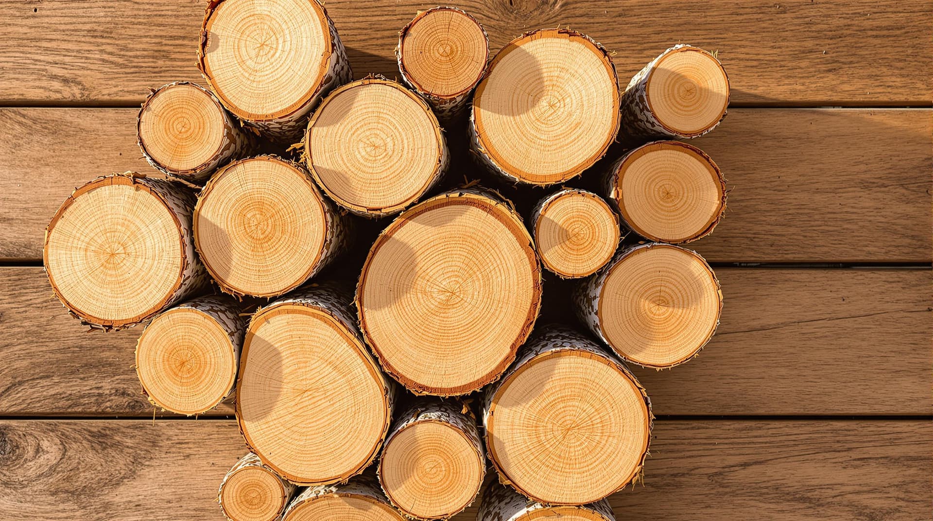 AI generated: Photo of a pile of freshly cut tree logs, arranged in a neat circle on a wooden surface. The logs ar...