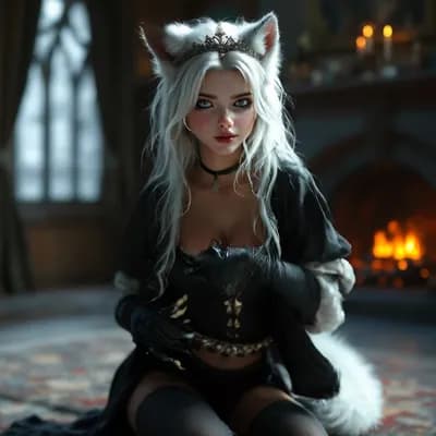 AI generated video: Model pose. Wolf ears move, twitch and swivel. Tail swishes, flicks and moves.