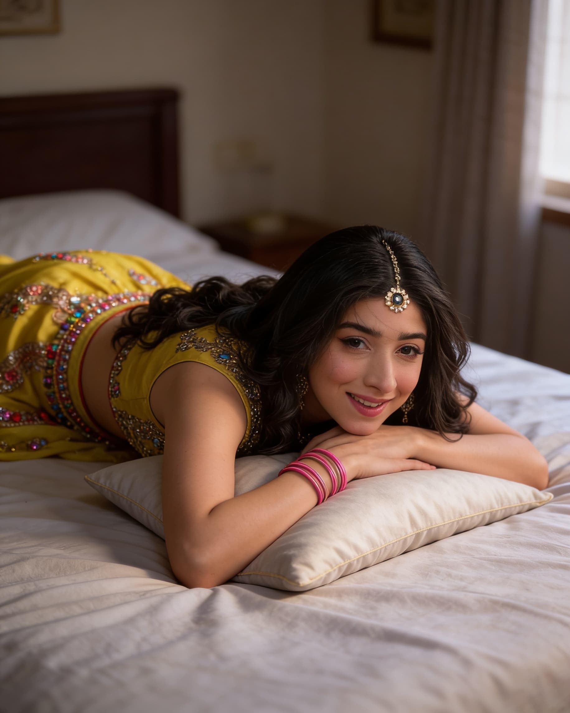 AI generated: Create a High Realistic Picture as this Pakistani actress Maryam Nafess is sleeping lying face down ...