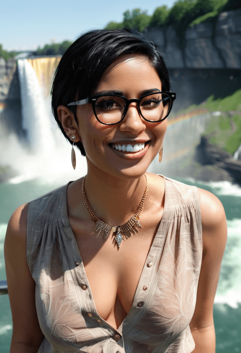 AI generated: 3/4 shot, photograph of a woman with straight short black hair, glasses, wearing a very low cut blou...