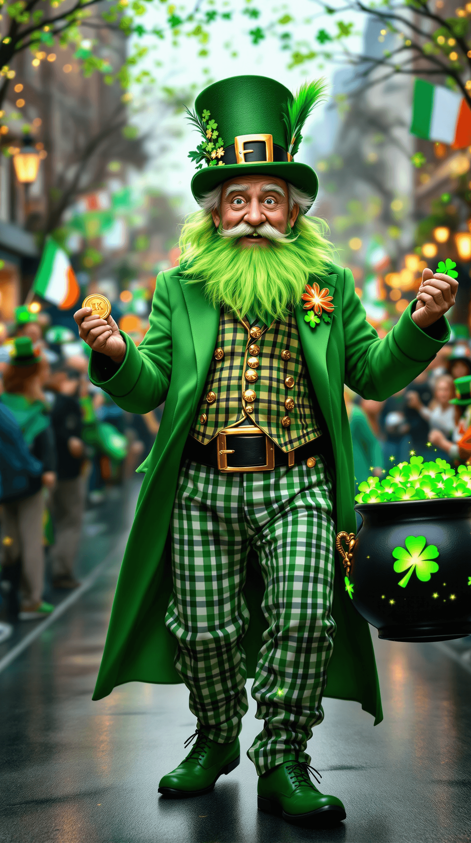 AI generated: A lively and festive St. Patrick's Day parade scene featuring an energetic elderly man dressed as a ...