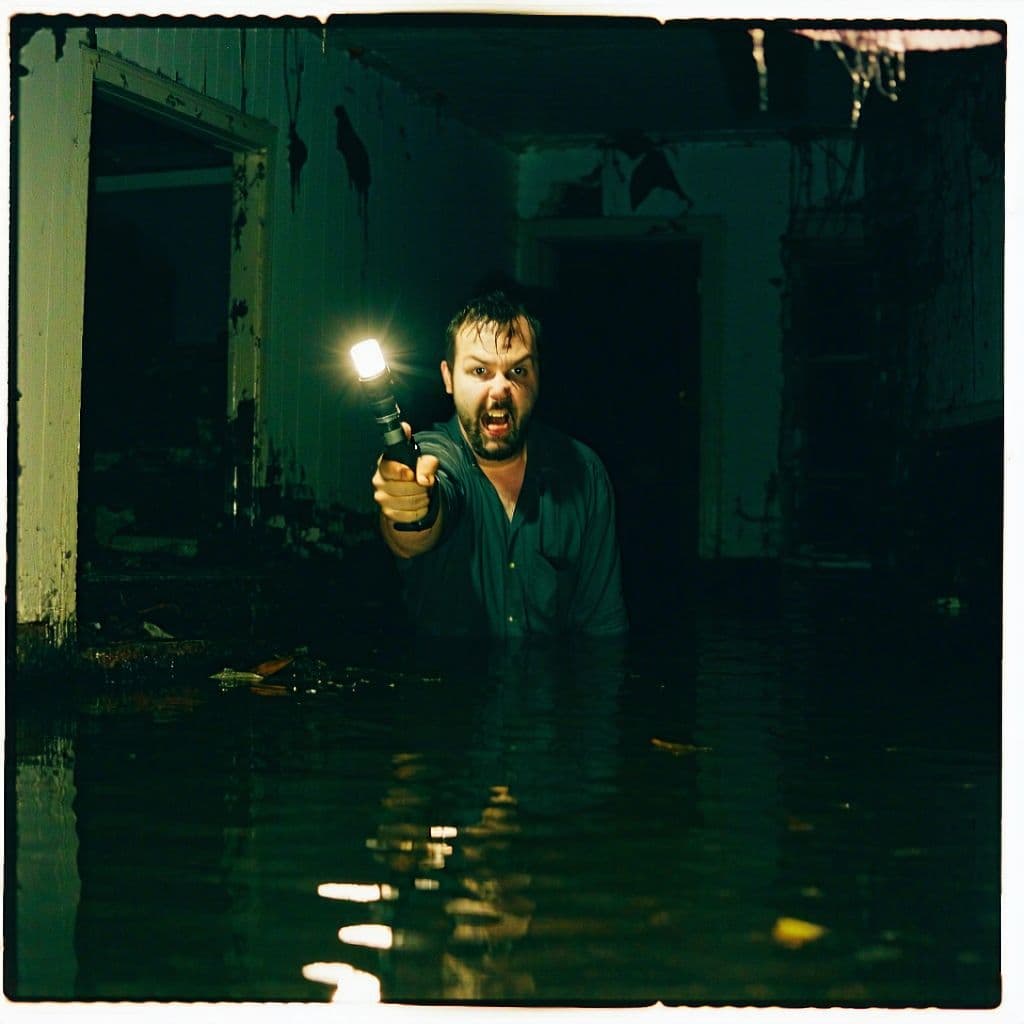 AI generated: Dave Blunts in a creepy haunted house holding a flashlight and he is scared out of his wits, abandon...
