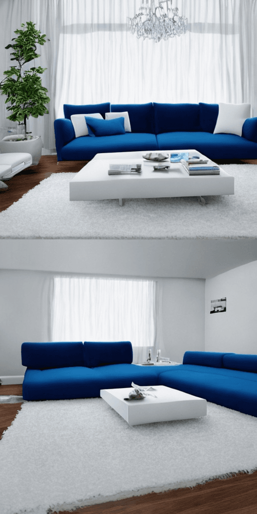 AI generated: a living room with a blue couch and a white coffee table with a white blanket, Photorealistic, Inter...