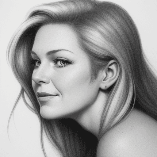 AI generated:  randy moore actress drawing, face only, a gorgeous woman, side angle, hint of a smile, noticeable c...