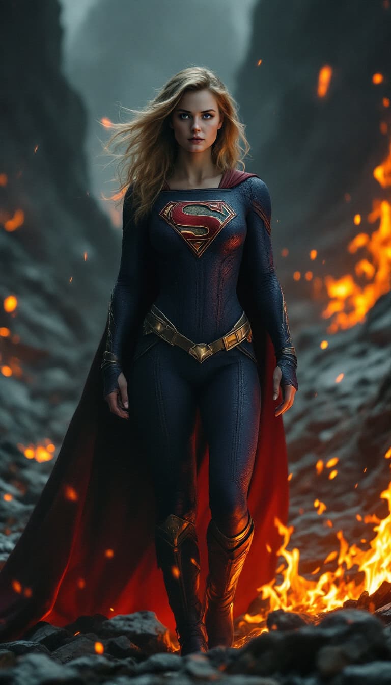AI generated: Envision a fully body portrait of a supergirl  rising from the ashes, standing on rocky ground  vill...