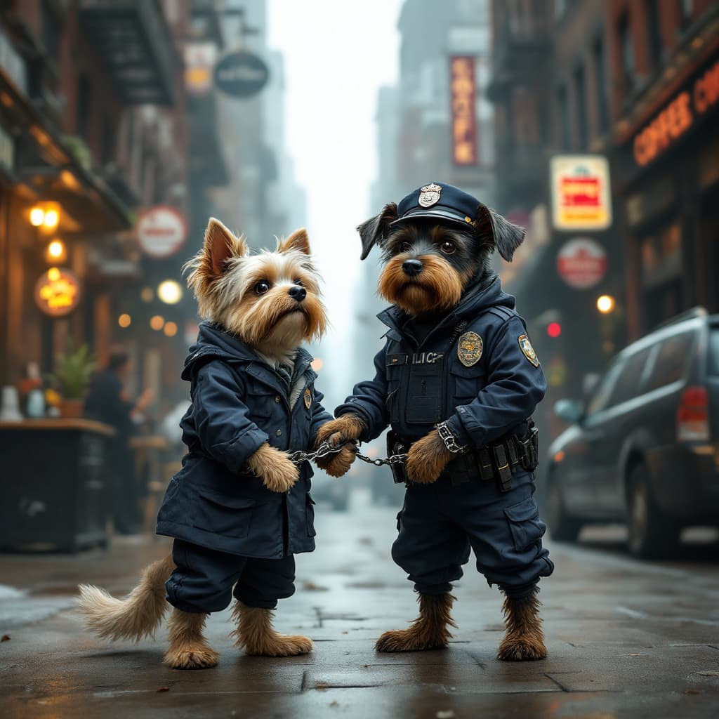 AI generated: A rockwiller dog standing on two legs in a female police suit handcuffing a cute little bearded dog ...