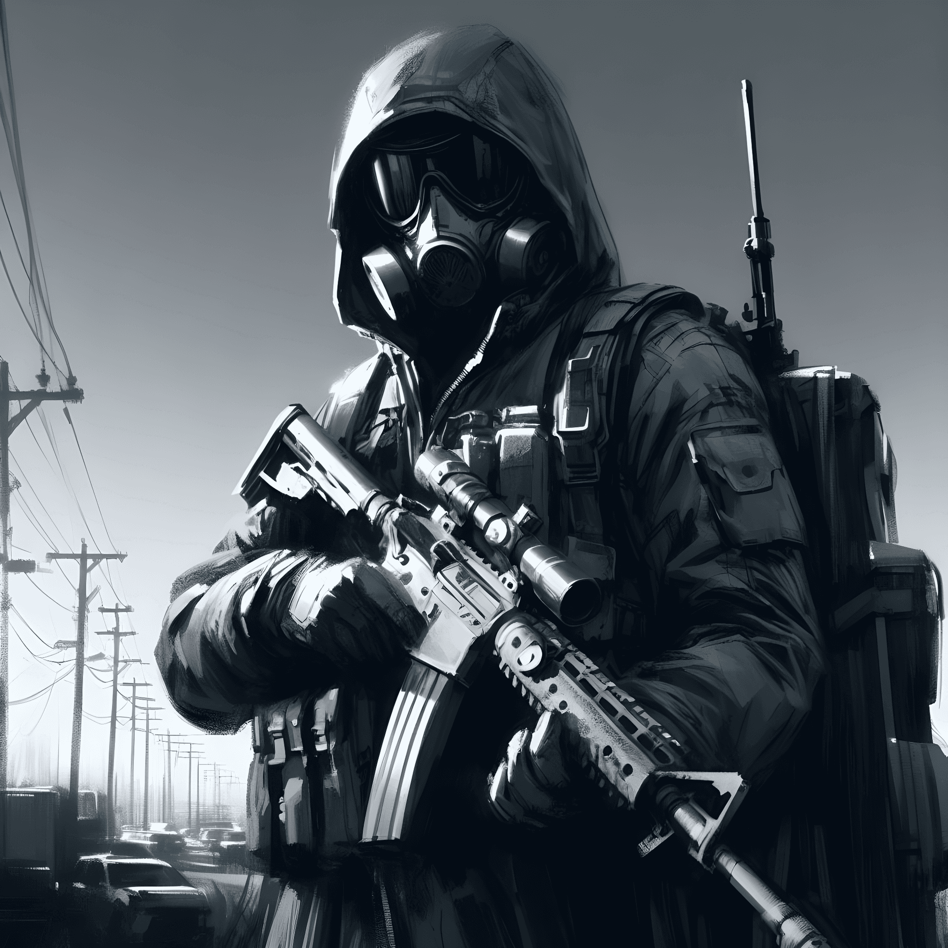 AI generated: Stalker, Digital painting, Contemporary, Predominantly cool grayscale with accentuated shading and h...