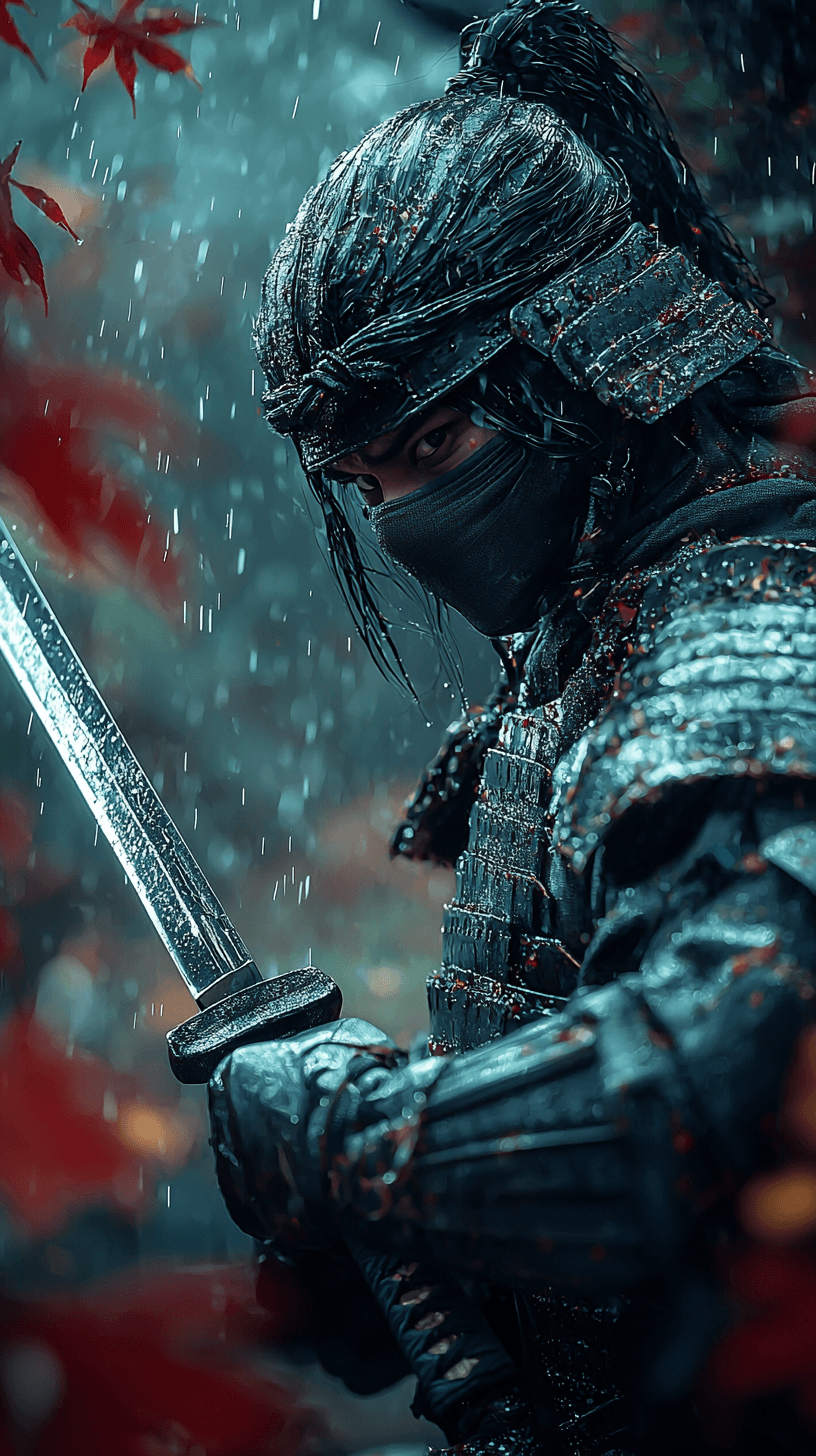 AI generated: at night, taking katana out of sheet, fighting pose, samurai warrior in battlefield, all black armou...
