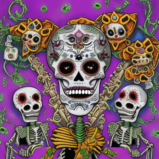 AI generated: DAY OF THE DEAD DANCING KATRINA WITH MARIACHI SKELETON BAND UNDEAD KITTENS AND CATS CEMETERY DARK HO...