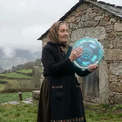 AI generated video: old Galician woman in rural Galicia, wearing traditional clothing with an apron and headscarf, stand...