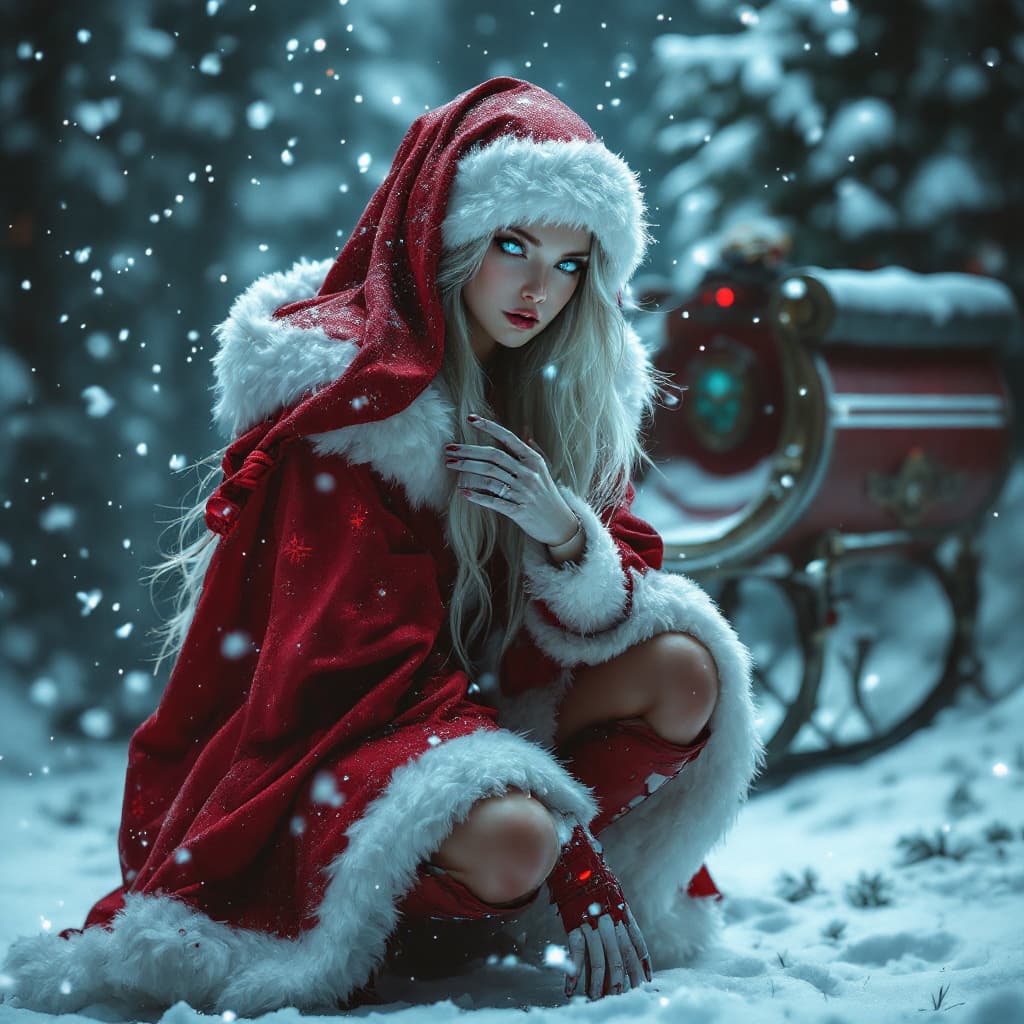 AI generated: IIn a breathtaking 8K wallpaper, a stunning female android santa clausfrom the future crouches on on...