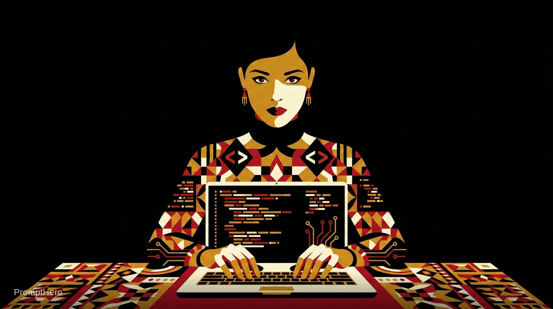 AI generated: I need a programmer front view on lap top typing but i want this color tones and style like Malika F...
