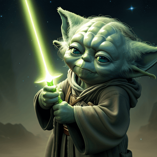 AI generated:  YODA in cosmos, 8k, light sword, happy YODA, friends YODA, anime