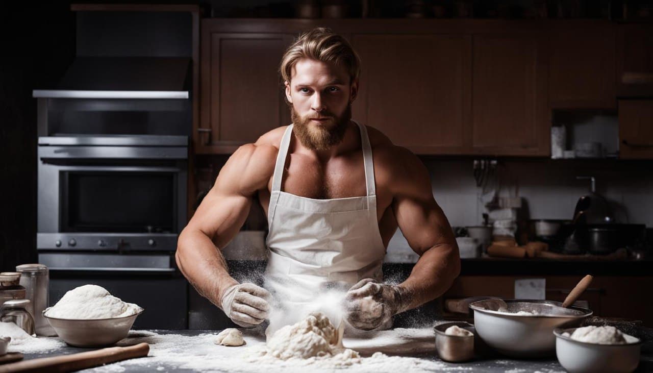 AI generated: A raw photograph of a dark blond, 23-year-old muscular man with a beard in a kitchen setting, lookin...