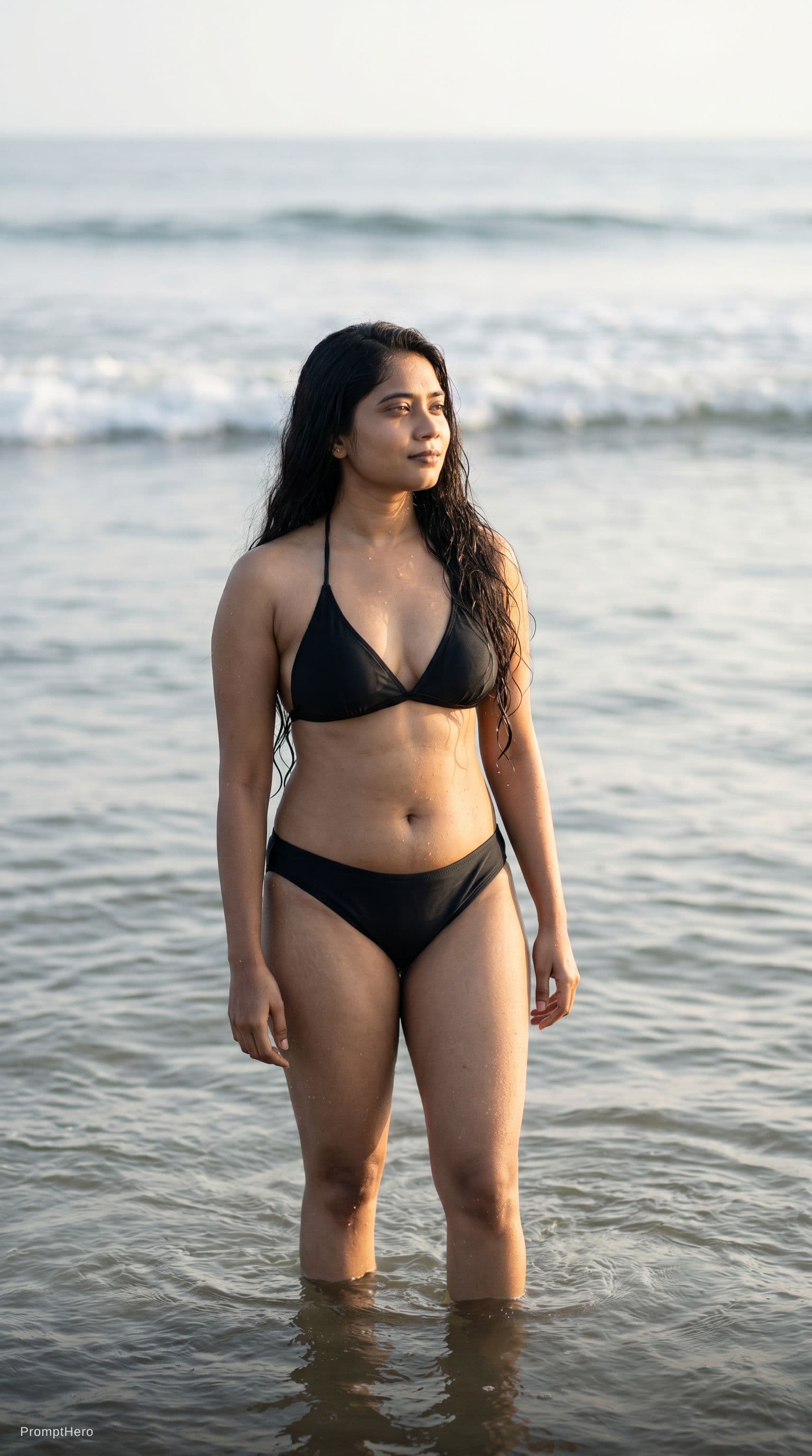 AI generated: A fit adult woman stands in shallow ocean water, wearing a black bikini. Her wet hair flows down her...