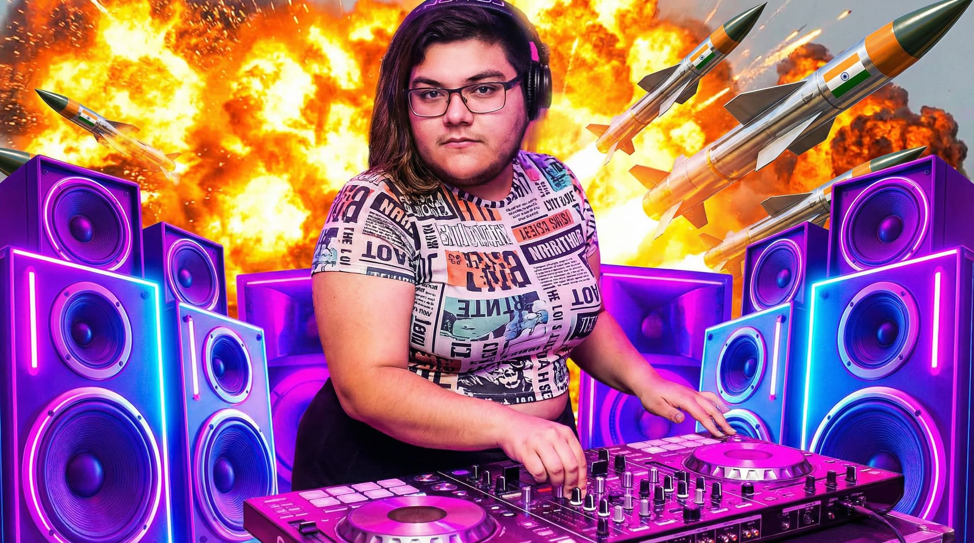 AI generated: Collage dinámico y vibrante que representa a una impresionante DJ con curvas en un ambiente de disco...