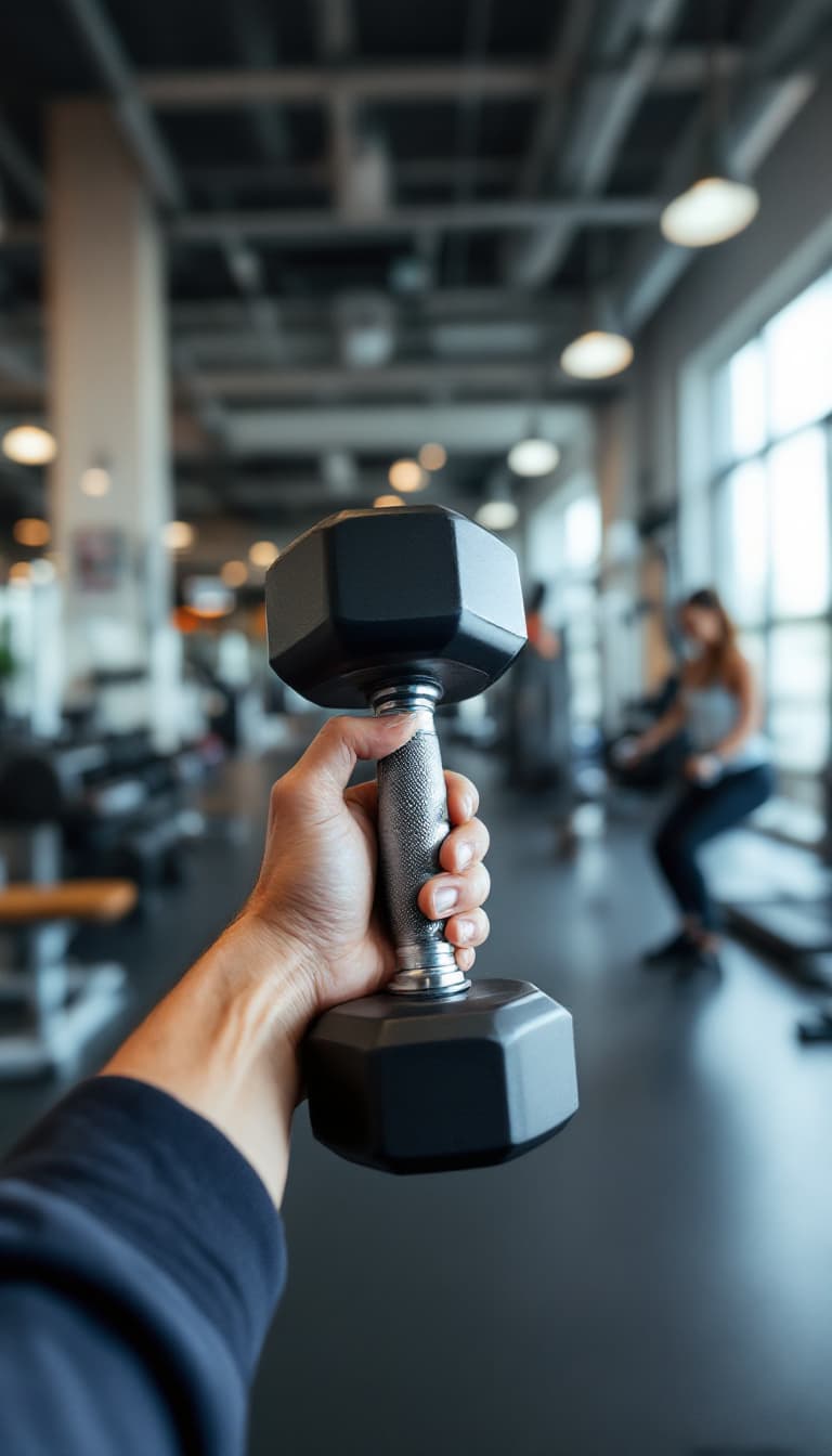AI generated: POV, I am working out in a gym, holding a dumbbell naturally in my hand. Only my hands are visible i...