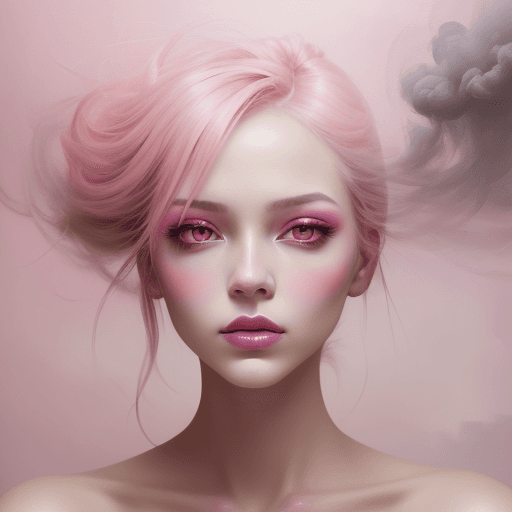AI generated: portrait of a woman covered in cloud of smoke, whirlwind, pink highlight colors, pink make-up, hints...