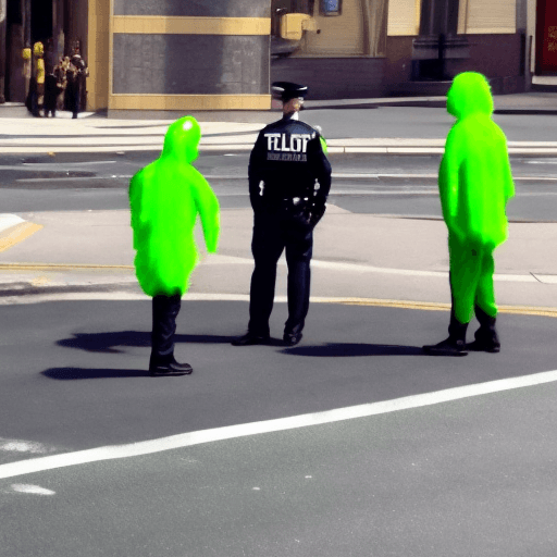 AI generated: Green alien gets arrested by officers in the middle of the street in a orange jumpsuit