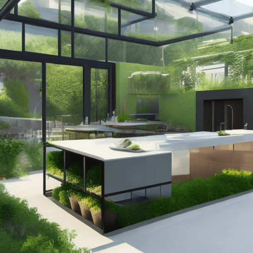 AI generated: Hyper realistic eye level exterior photo of modern style open kitchen overlooking the greenery garde...