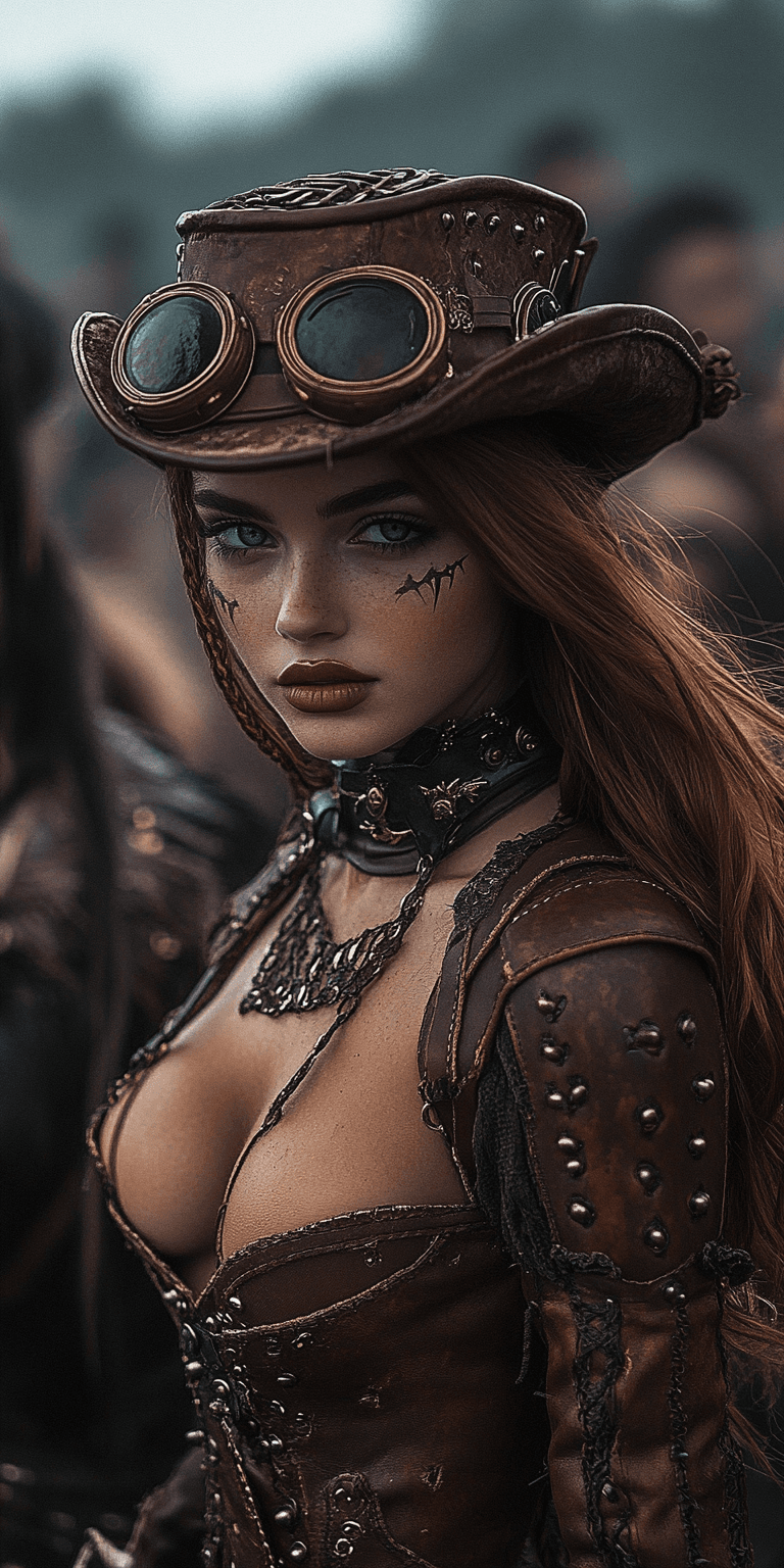 AI generated: A stunning portrait of a female steampunk warrior. She has long, auburn hair that cascades around he...