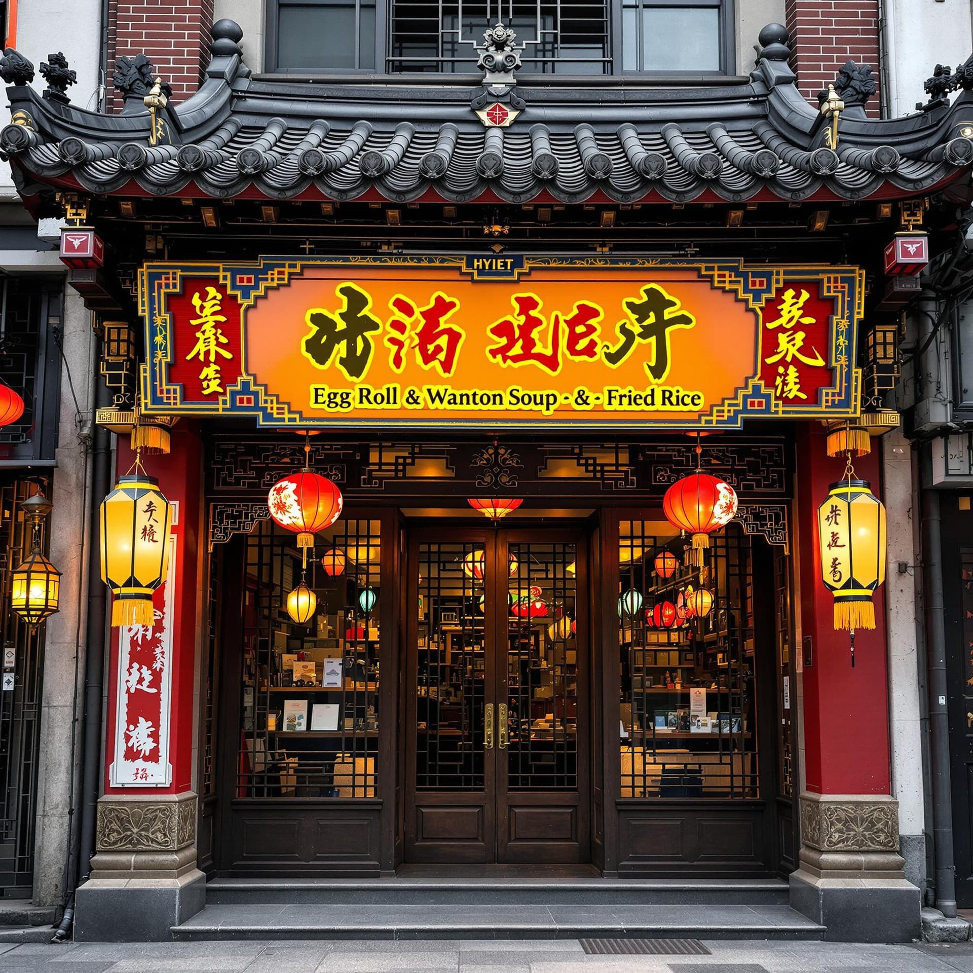 AI generated: The front of a Chinese food restaurant with a sign that says "Hyiet Chinese Food" "Egg Roll Wanton S...