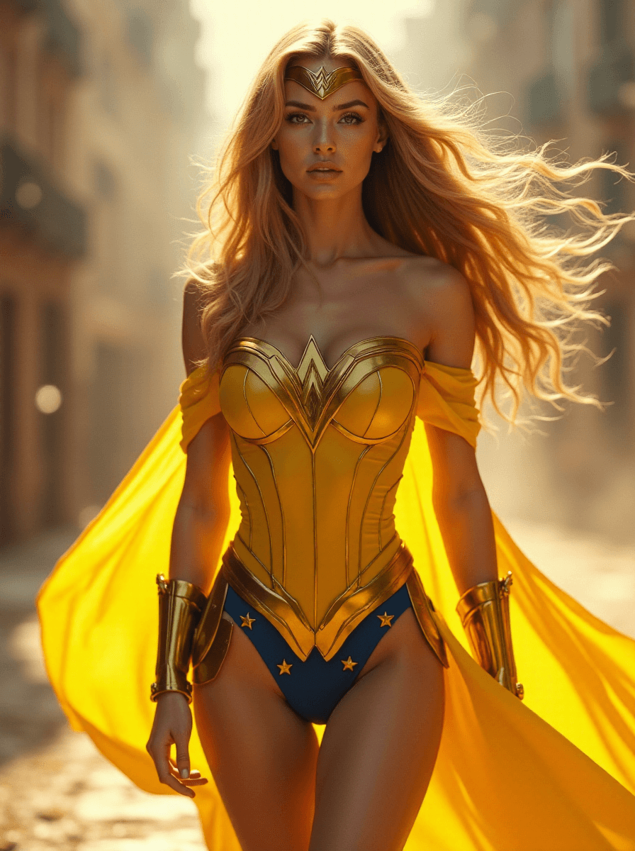 AI generated: a masterpiece photograph, supergirl/wonderwoman from dc comic wearing alternate yellow costume, coy ...