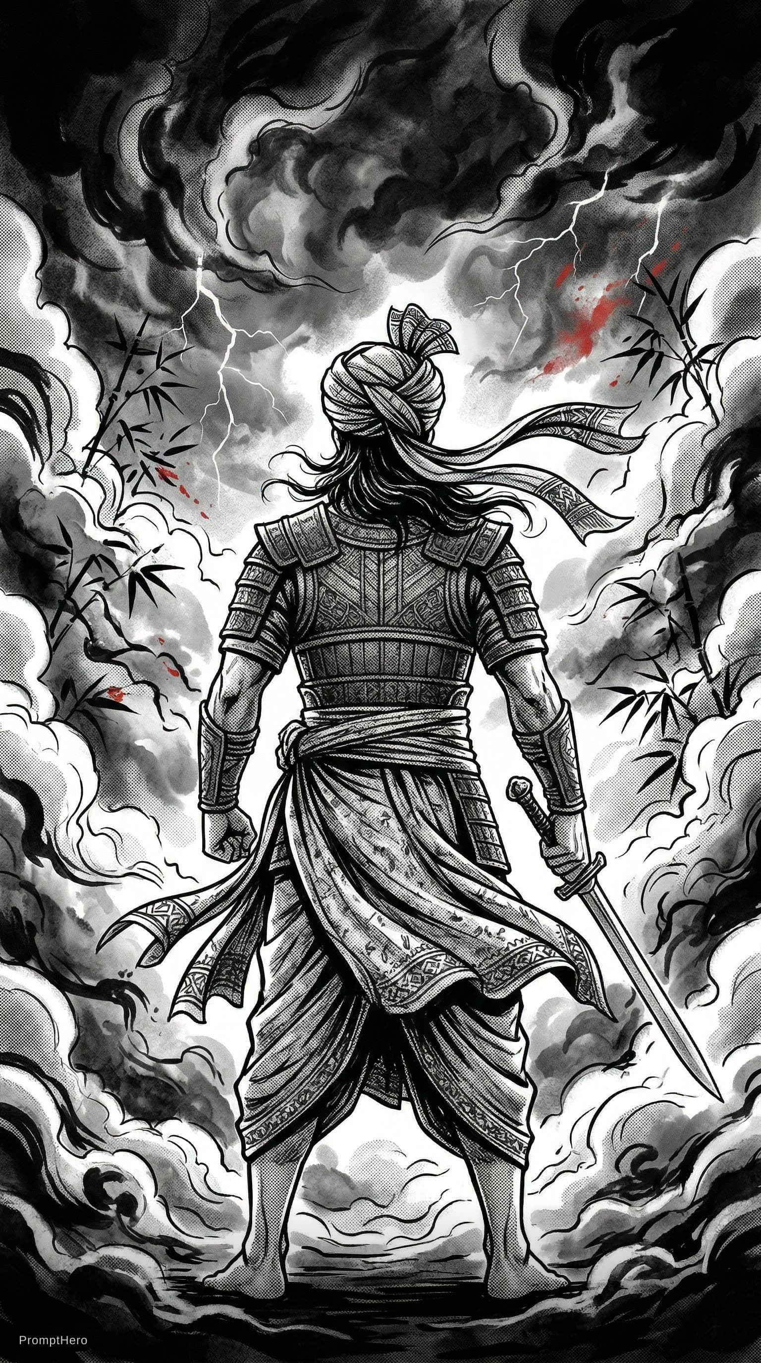 AI generated: Manipuri Meitei warrior prince inspired by Tikendrajit, Paona Brajabashi and Thangal General, back v...