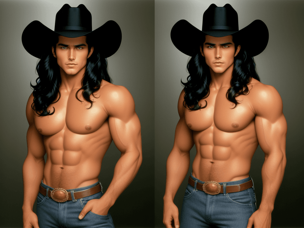 AI generated:  hollywood, black wavy hair, muscular, standing, wearing a stetson, perfect eyes, perfect face, colo...