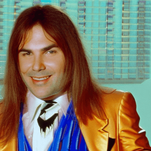 AI generated: 80s photo of David Walliams with long hair, gold outfit, guitar.