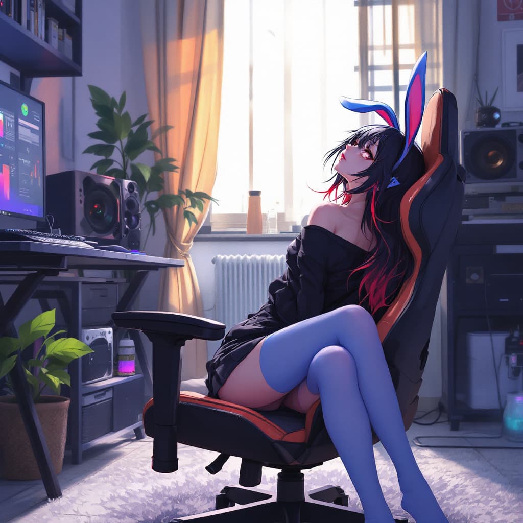 AI generated: anime girl sitting on a  gaming chair leaning backwards in a room, painted in anime painter studio, ...
