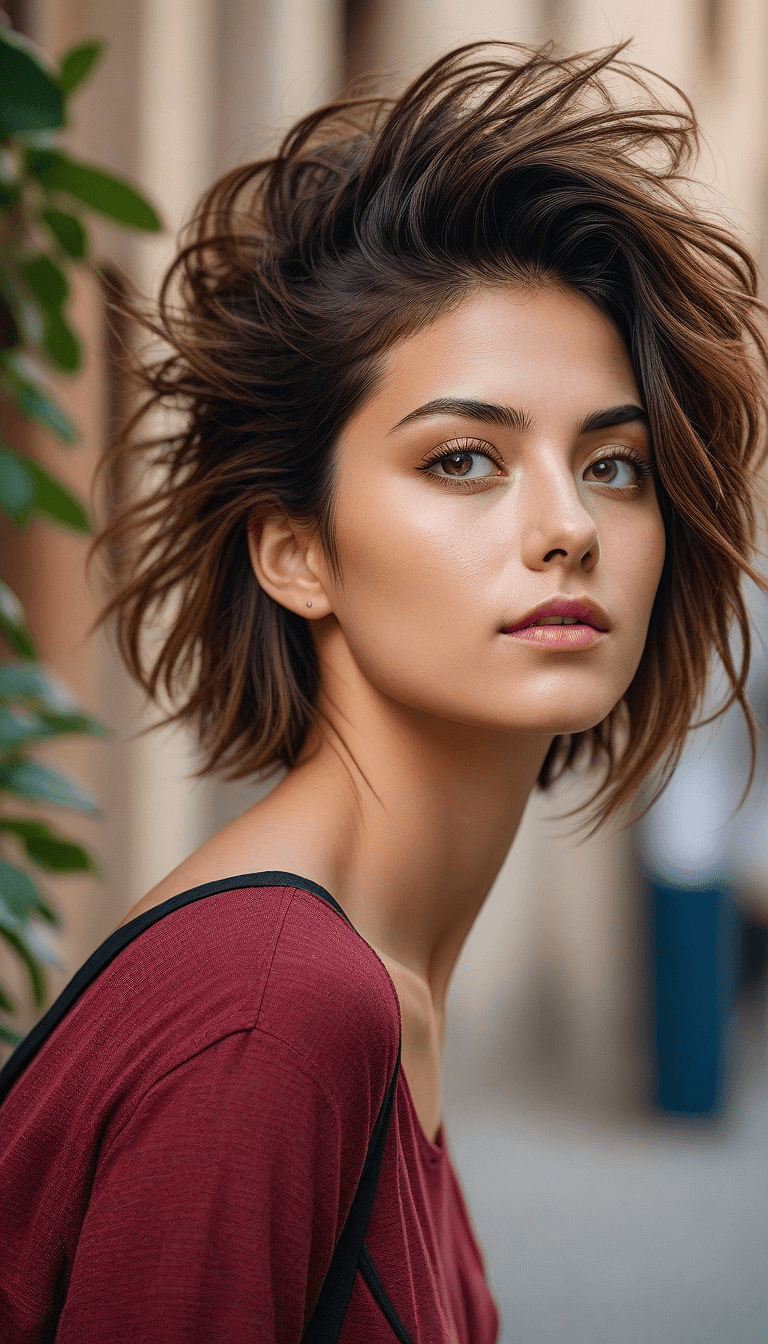 AI generated: An image of a young woman with an olive complexion and medium-length, windswept hair with varying br...