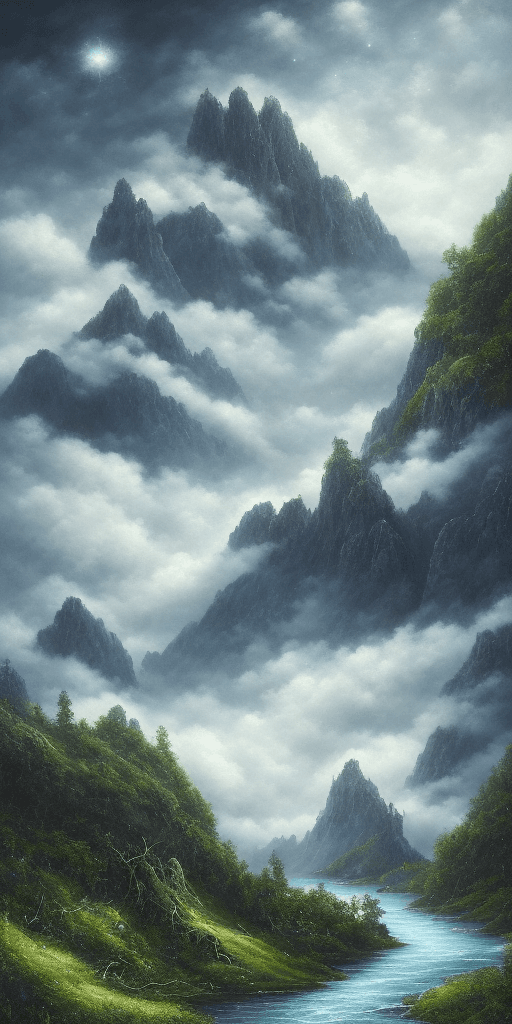 AI generated: an endless mountain range on the background, covered full with lush green forests and life, blue sky...