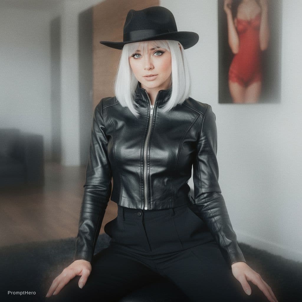 AI generated: a woman with white hair wearing a tight black jacket and a hat, in the style of mashup of styles, li...
