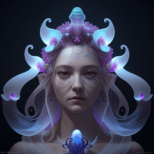 AI generated: Goddess close-up portrait ribcagel. jellyfish phoenix head, nautilus, orchid, skull, betta fish, bio...