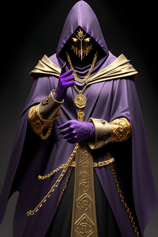 AI generated: Shadow wizard money gang, in purple cloak hood, dark face, gold chains and jewellery. Gold triangle ...