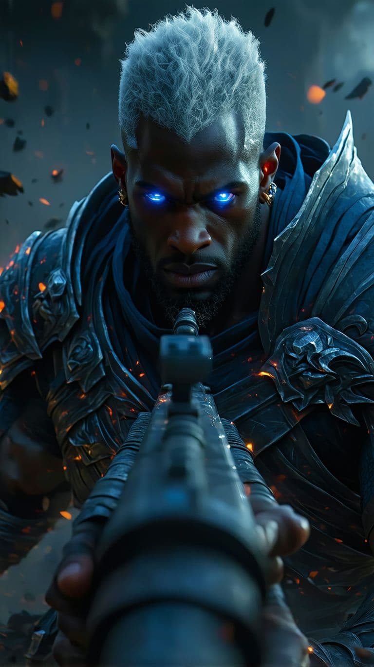 AI generated: A dark-skinned male god of war rampages on a chaotic battlefield, embodying violence and fear. His s...